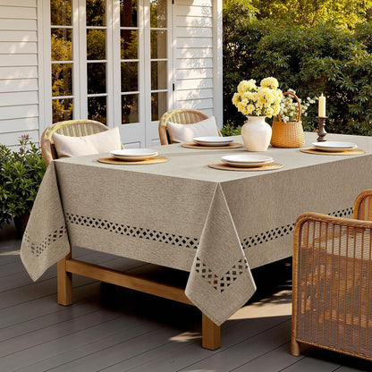 MIULEE Beige Rectangle Linen Polyester Tablecloth with Decorative Cutouts Spring Waterproof Stain Resistant & Shrink-Proof Table Cloth 52x70 inch Farmhouse Style for Dining Wedding and Outdoor