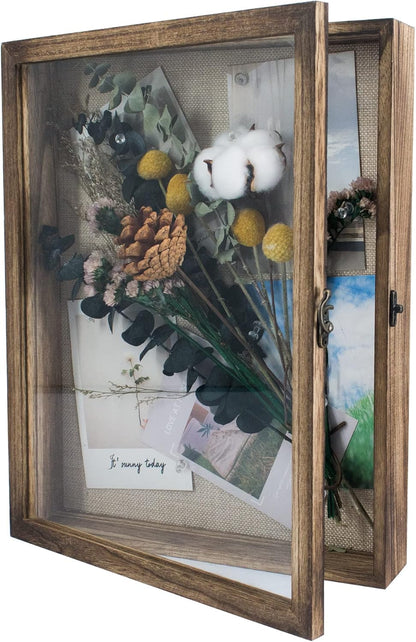 GraduationMall 13x16 Wood Shadow Box Frame Glass Door Display Case with Linen Back and 6 Stick Pins,1.5 inches Interior Depth,Ideal for Memorabilia Pictures Flowers Medals Tickets Rustic White