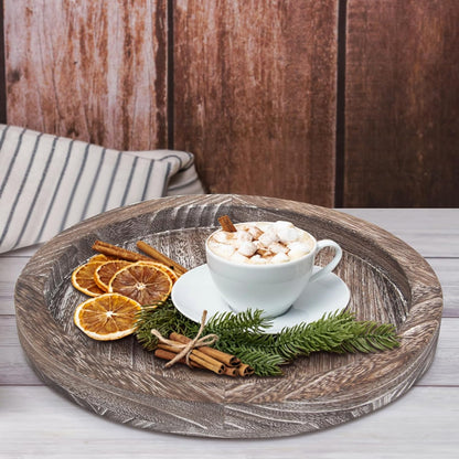 Round Decorative Tray for Coffee Dining Table Countertop Small Wooden Serving Trays Farmhouse Kitchen Home Living Room Decor and Bathroom Accessories Tray Black Rustic Wood Candle Centerpiece Trays