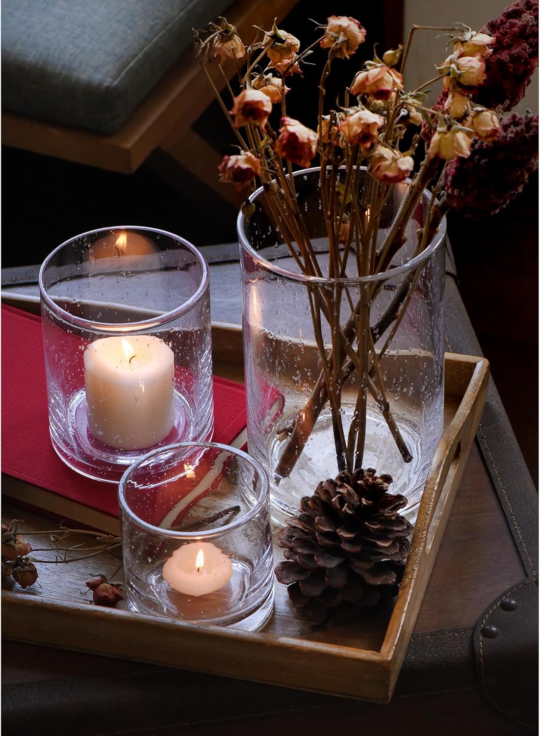 Glass Candle Holders Set, Hurricane Vase Centerpieces for Pillar Votive Flower,Clear Seeded Bubbles Cylinder Bulk, Mother's Day Birthday Gift,3 Sizes 8 Inch 5 Inch 3.5 Inch Height