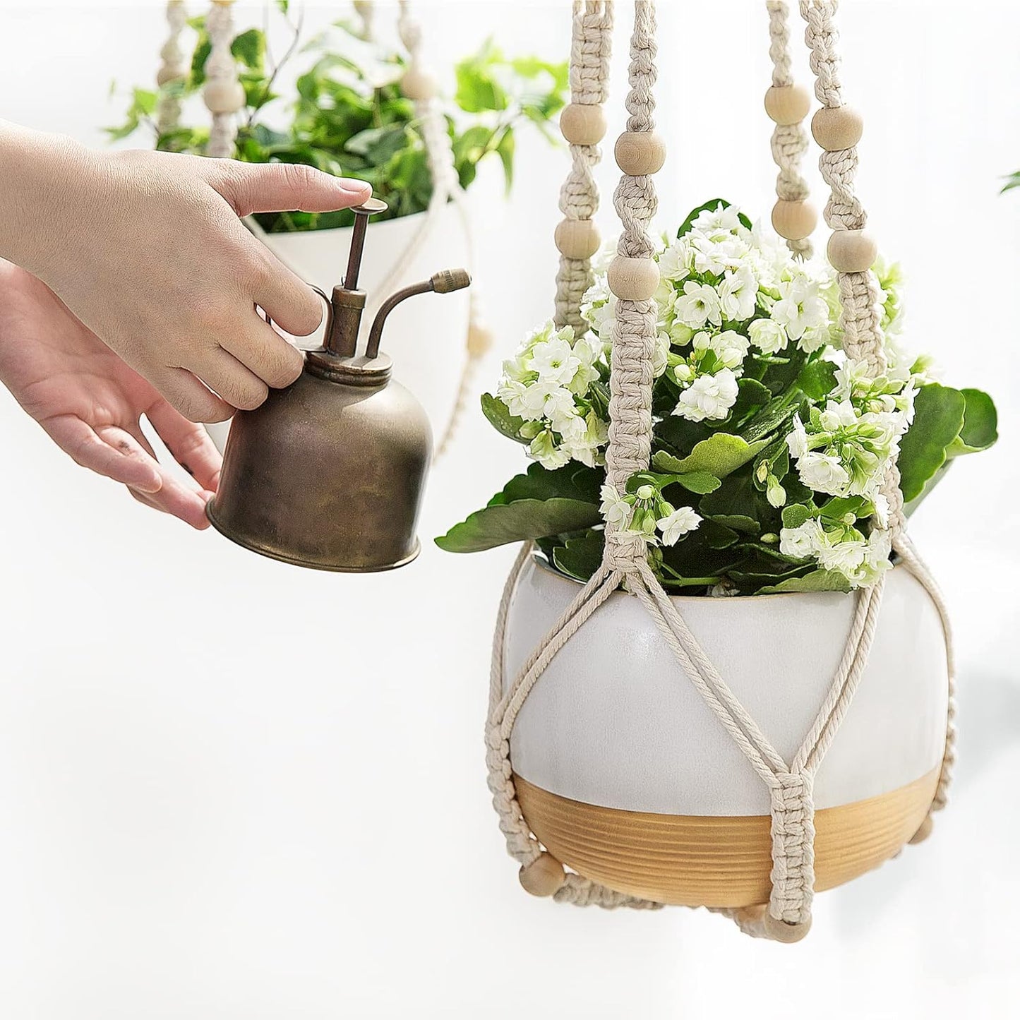 Mkono 3 Pack Macrame Plant Hangers Indoor Different Size Hanging Planter Basket Flower Pot Holder with Beads No Tassels 35"/29"/23", Medium, Brown