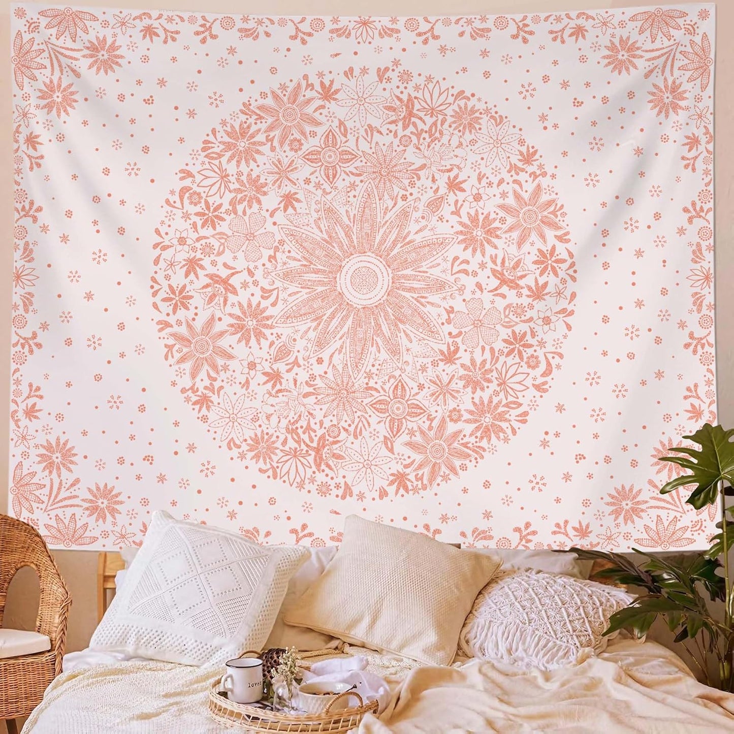 Neasow Bohemian Tapestry Wall Hanging, Beige White Floral Tapestry with Dotted Daisy Medallion Print Bedroom Boho Hippie Home Decor, 36×48 inches