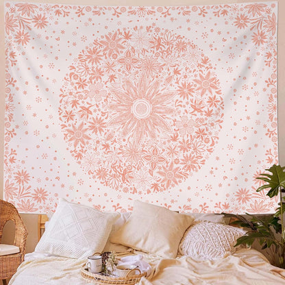 Neasow Bohemian Tapestry Wall Hanging, Beige White Floral Tapestry with Dotted Daisy Medallion Print Bedroom Boho Hippie Home Decor, 36×48 inches