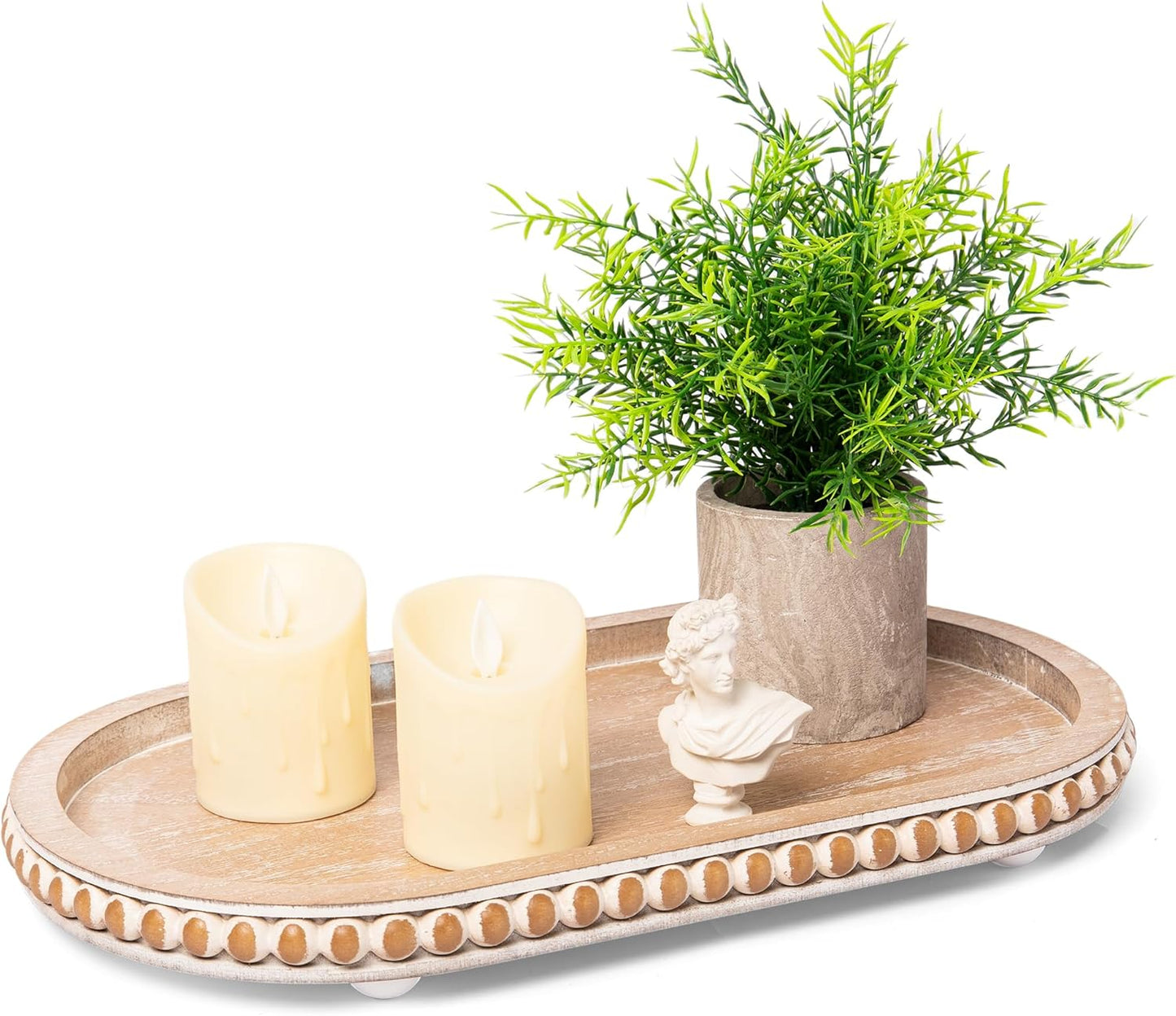 HPC Decor 12in Round Wood Tray - White, Distressed, Farmhouse Rustic - Decorative Tray for Living Room, Coffee Table, Kitchen Table or Farmhouse Serving Tray