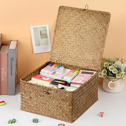 Hipiwe Seagrass Basket with Lid Wicker Storage Basket Square Handwoven Decorative Baskets Box for Shelf Multipurpose Household Baskets Home Decor,X-small