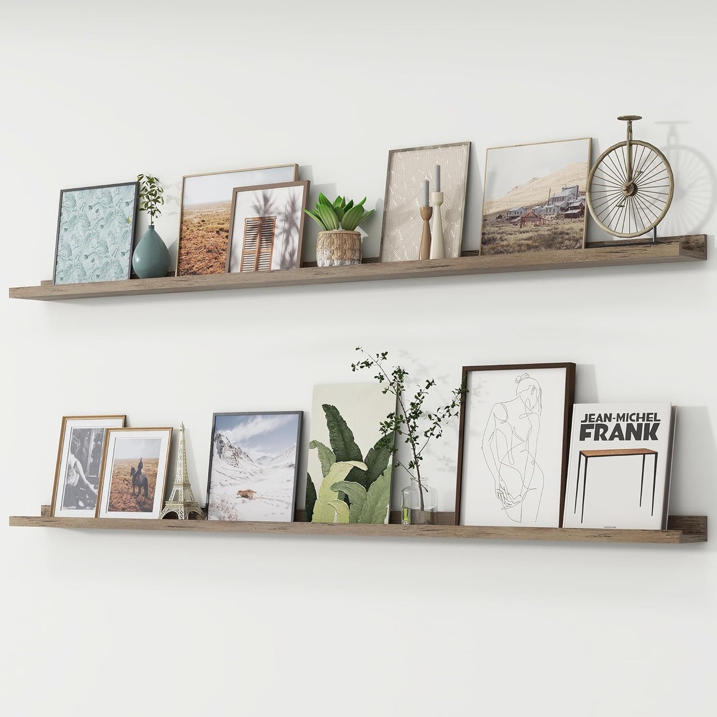FLYJOE Picture Ledge Shelf, Floating Shelves Set of 2, 48 Inches Long Large Nursery Book Shelves for Toys Storage, Kids Bookshelf Wall Mounted for Living Room Bedroom Decor Books Photo Frames, Walnut