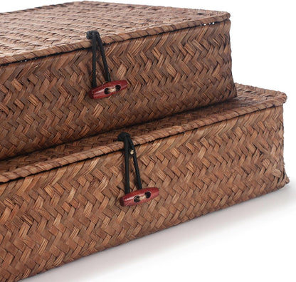 Seagrass Storage Basket Box with Lid Rectangular Woven Shelf Baskets Bins for Organize Snack Toys Set of 2 Natural Decorative(Large+Small)