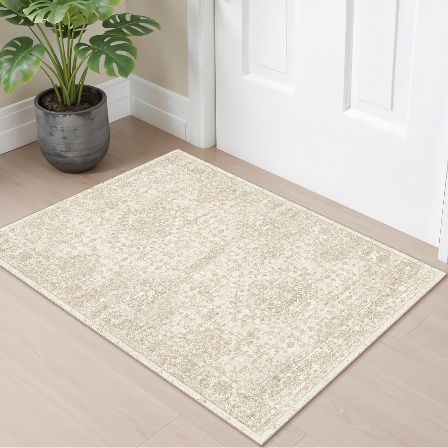 2x3 Washable Non-Slip Area Rug - Soft Low Pile Throw Rug for Kitchen Entryway Bedroom - Modern Indoor Door Mat with Rubber Backing (Beige Grey) - Colors A