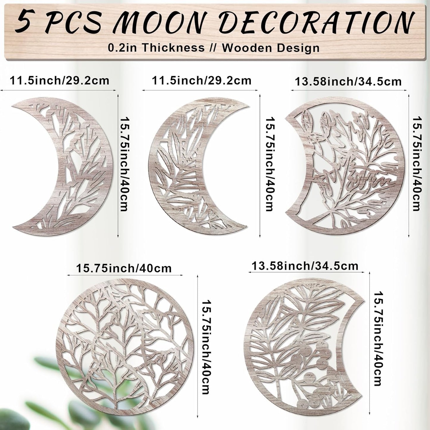 Jetec 5 Pcs Moon Phase Wall Art Decor Wall Pediments Hanging Wooden Phase Spiritual Bedroom Nordic Boho Lunar Aesthetic Art for Living Room Dorm Apartment Ornament(Brown,10.6 Inch,Botanical)