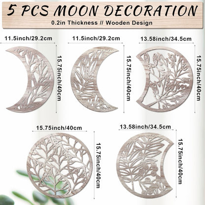 Jetec 5 Pcs Moon Phase Wall Art Decor Wall Pediments Hanging Wooden Phase Spiritual Bedroom Nordic Boho Lunar Aesthetic Art for Living Room Dorm Apartment Ornament(Brown,10.6 Inch,Botanical)