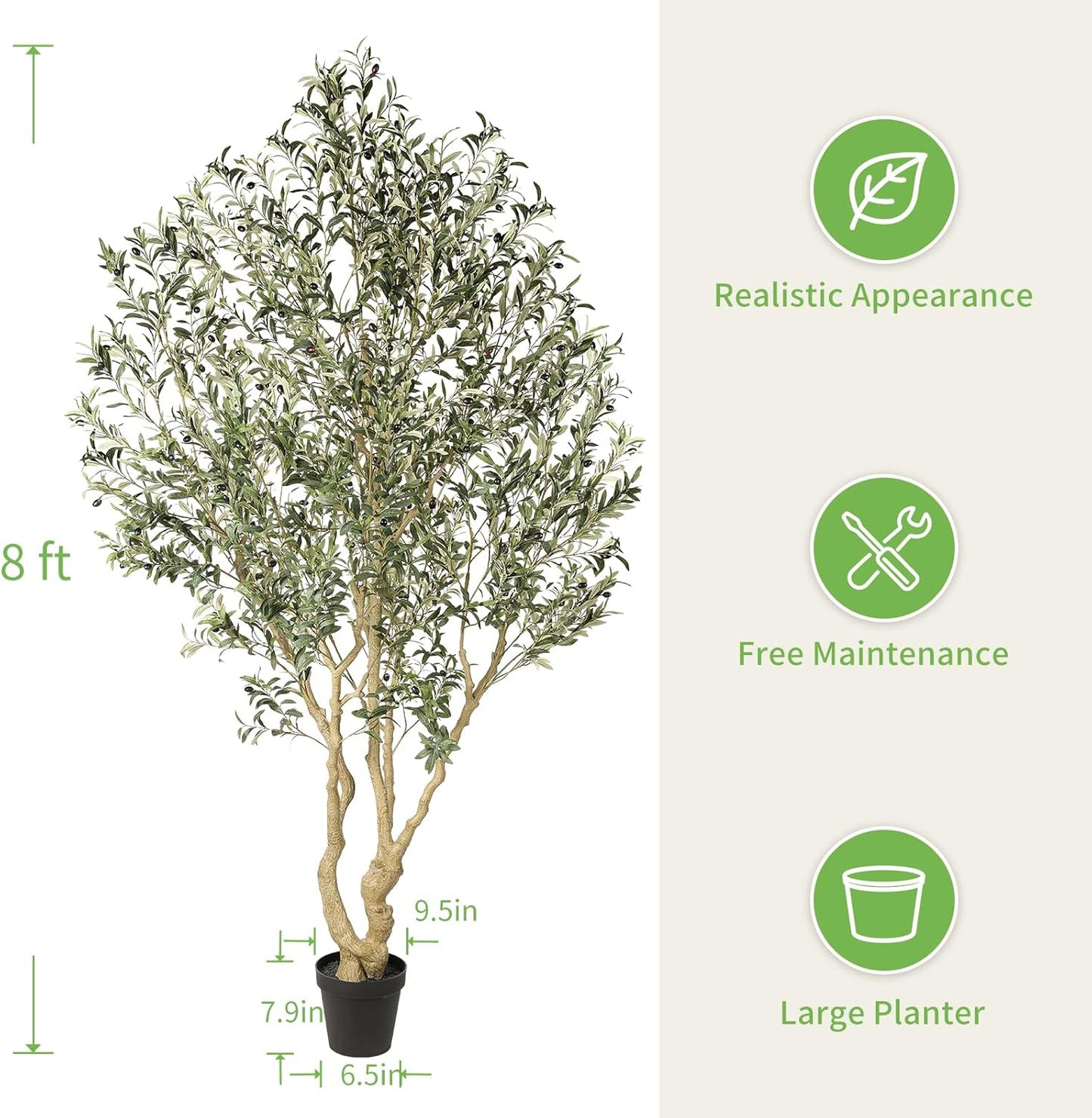Realead Artificial Olive Tree 8ft - Large Faux Olive Tree with Realistic Leaves and Olives - Full and Grand Design Fake Olive Tree with Sturdy Base for Indoor Outdoor Office Decor