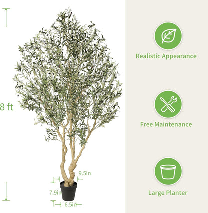 Realead Artificial Olive Tree 8ft - Large Faux Olive Tree with Realistic Leaves and Olives - Full and Grand Design Fake Olive Tree with Sturdy Base for Indoor Outdoor Office Decor