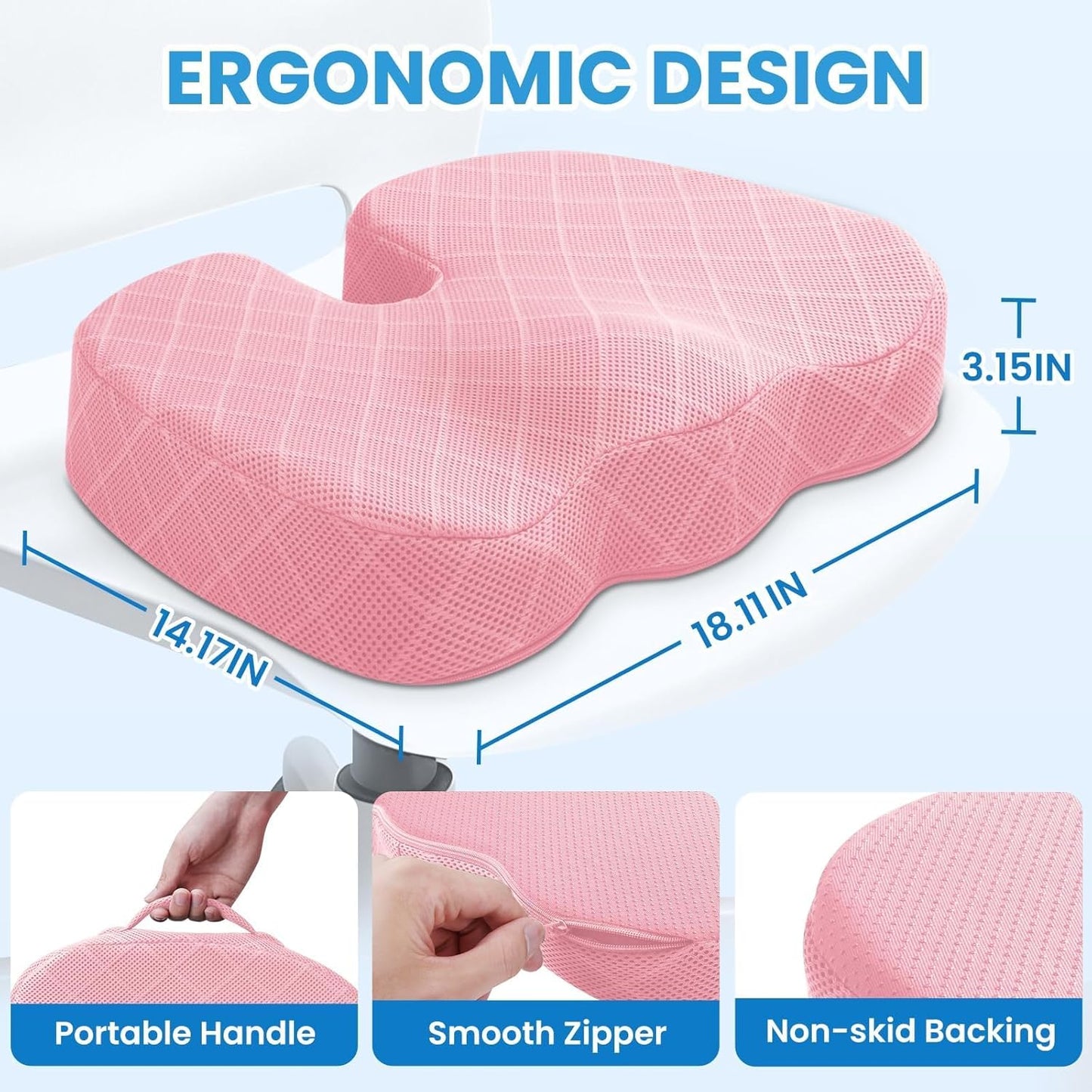 TushGuard Seat Cushion - Memory Foam Cushion for Office Chair, Car Seat, Airplane, Bleacher - Sciatica & Hip & Coccyx Pain Relief Desk Chair Cushion for Long Sitting Office Workers, Car Drivers