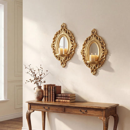Three-Dimensional Relief Candle Sconces Set 2 Rustic Wall Mount Candle Holders Wood Hanging Wall Decor Mirrored Wall Art Hand Carved Home Decoration Gold