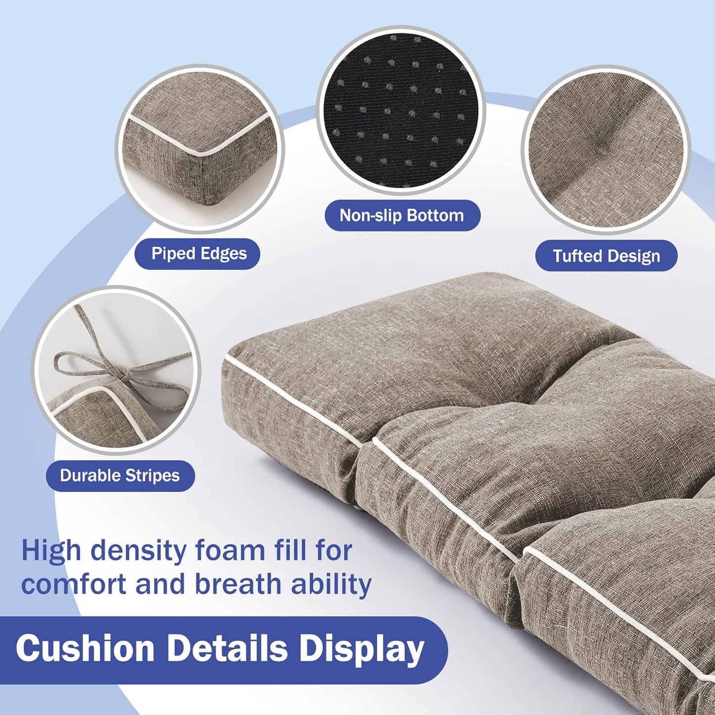 IPYNBAP Bench Cushion, 42 x 16 Inch Patio Furniture Cushions with Durable Ties, Soft Memory Foam Bench Cushions for Indoor/Outdoor Furniture with Non-Slip Bottom, Kitchen&Dining, Dark Grey