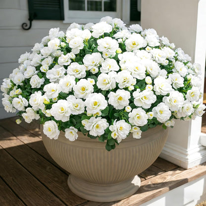 Ivydale Artificial Fake Flowers Plants for Outdoor Outside Spring Decor, Faux Silk Yellow Camellia UV Resistant Look Real for Planter Pot Porch Patio Balcony Garden Yard, 3 Large Bundles