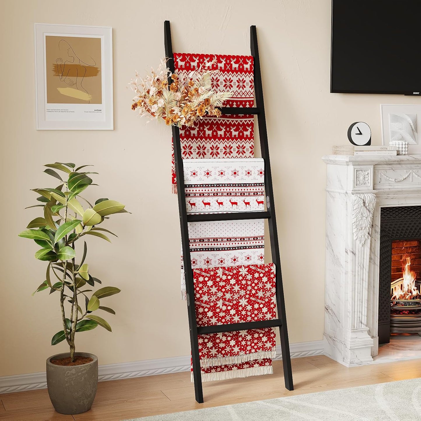 Blanket Ladder Towel Racks For Bathroom 5 Layers Towel Holder 100% Bamboo Wood Sturdy Construction No Need Wall Drilling Quilt Scarf Storage Solution Decorative Leaning Shelf for Living Room (White)