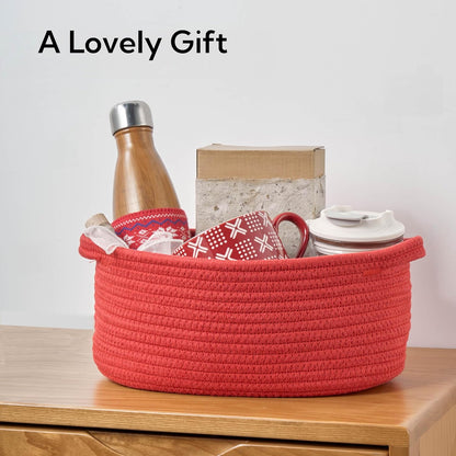 Small Woven Gift Basket Empty with Bag & Ribbon - Gifts for Mom, Baby Shower, Birthdays & Raffle - Cotton Rope Storage Basket for Dog Toys or Shelf - 12"x8"x5", White