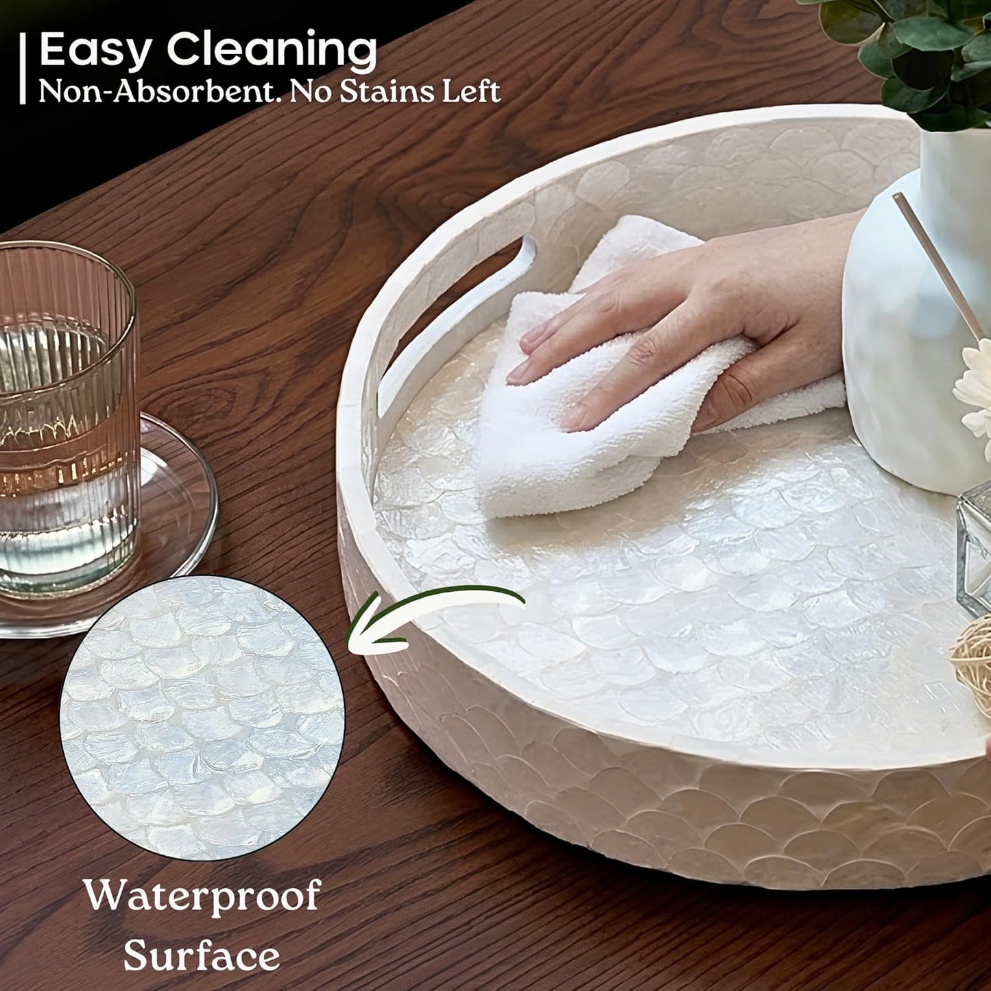 CHI AN HOME Capiz Decorative Tray 15.8” x 11.8” x 1.8" Rectangular Tray, Natural Handmade Serving Tray with Handles for Coffee Tables, Ottoman, Vanity, Kitchen, Coastal Boho Home Decor, White