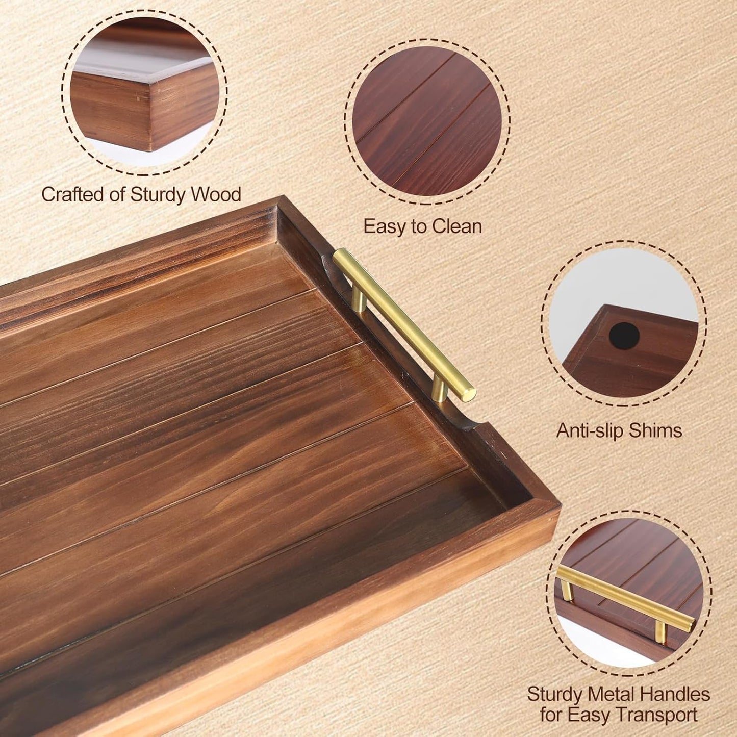 SXNOWS Coffee Table Trays - Large Ottoman Tray for Living Room -Wood Serving Tray with 2 Sets of Handles - Wooden Tray for Coffee Table, 4 Round Coasters Included, Black