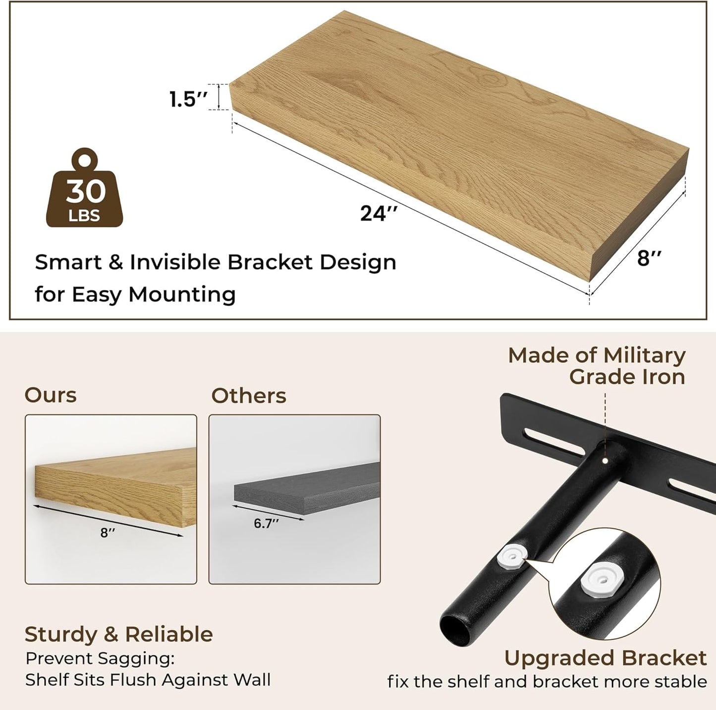 RICHFOCUS 72Inch Floating Shelves for Wall 2 Pack Shelves for Bedroom|Kitchen|Bathroom Wall Mounted Rustic Wood Floating Shelf with Invisible Brackets for Books|Storage|Decor, Rustic Brown
