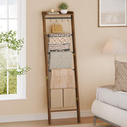 Hzuaneri Blanket Ladder Shelf, Decorative Quilt Rack, 6-Tier Farmhouse Ladder Holder Organizer with 4 Removable Hooks 7.9" D x 17.3" W x 63.4" H, Rustic Brown BR35801B