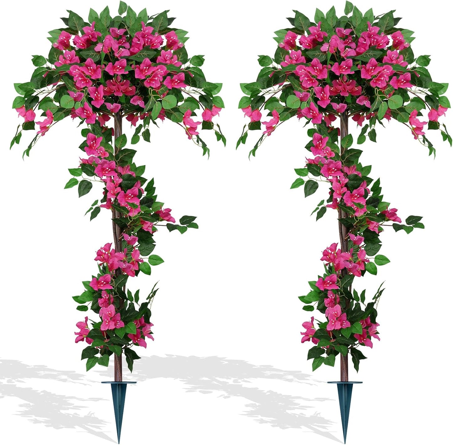 2Pack 4FT Artificial Bougainvillea Topiary Trees for Outdoor, Fake Silk Flowers Plants Bushes with Ground Spike, Faux UV Resistant Shurbs Trees for Outside,Front Porch,Patio,Balcony Decor