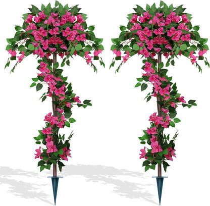 2Pack 4FT Artificial Bougainvillea Topiary Trees for Outdoor, Fake Silk Flowers Plants Bushes with Ground Spike, Faux UV Resistant Shurbs Trees for Outside,Front Porch,Patio,Balcony Decor