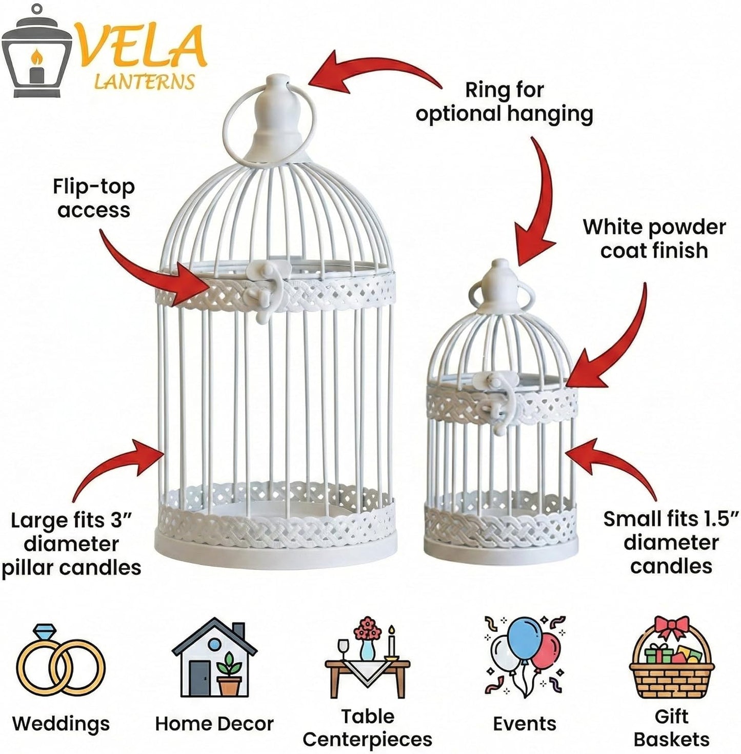 Vela Lanterns Bird Cage Decor Candle Holder Lantern Decorative Wedding Table Centerpiece Decorations, White, Small, Set of 4