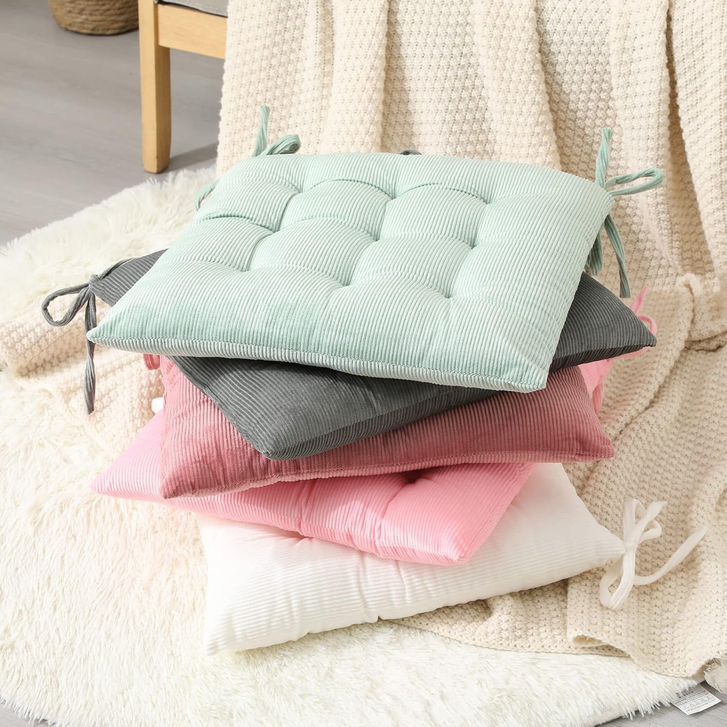 HLOVME Corduroy Chair Cushion with Ties Ultra Soft Warm Floor Cushion for Kids Reading Nook Comfortable Square Seat Cushion for Adult 15.7”x15.7”, White