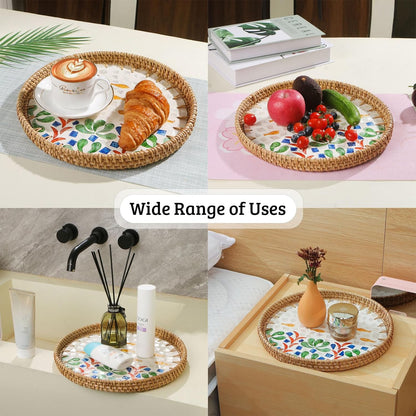 Round Rattan Tray with Mother of Pearl Inlay, Decorative Wicker Serving Tray with Wooden Base, Woven Basket Trays for Bread Fruits Coffee, Leaf