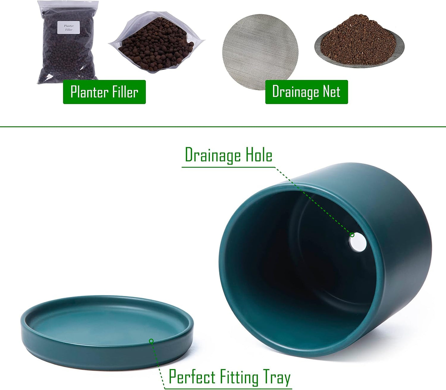 D'vine Dev 6.5 Inch Ceramic Planter Pot with Drainage Hole and Saucer, Indoor Cylinder Round Planter Pot, Olive, 94-O-C-J