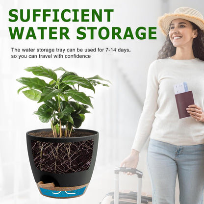 QRRICA Plant Pots 10/9/8/7.5/7 Inch Self Watering Pots, Set of 5 Plastic Planters with Drainage Holes and Saucers,Plastic Flower Pots,Nursery Planting Pot for Indoor Out Door Plants（Green）
