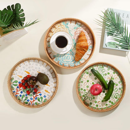 Round Rattan Tray with Mother of Pearl Inlay, Decorative Wicker Serving Tray with Wooden Base, Woven Basket Trays for Bread Fruits Coffee, Leaf
