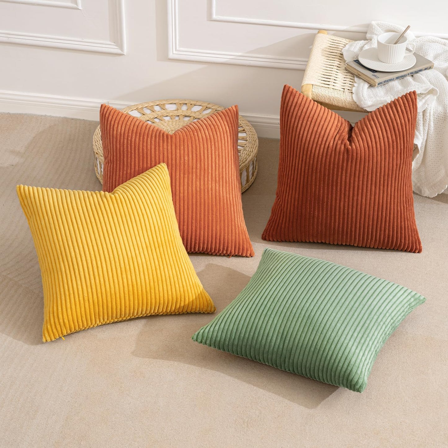 MIULEE Boho Farmhouse Sage Green Throw Pillow Covers 18x18 Inch Set of 4 Mordern Nordic Cushion Covers Soft Corduroy Spring Home Decor for Couch Bed Sofa Living Room Forest Green