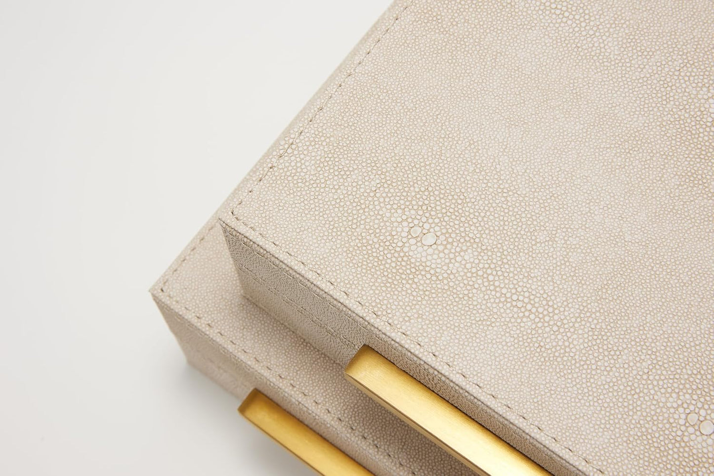 Sagala Set of 2 Ivory Shagreen Decorative Boxes With Brushed Gold Metal Handles, Faux Leather Jewelry Boxes Modern Storages Photo Memory Boxes Home Organizer Boxes (Ivory-Gold, 2pack)