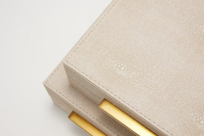 Sagala Set of 2 Ivory Shagreen Decorative Boxes With Brushed Gold Metal Handles, Faux Leather Jewelry Boxes Modern Storages Photo Memory Boxes Home Organizer Boxes (Ivory-Gold, 2pack)