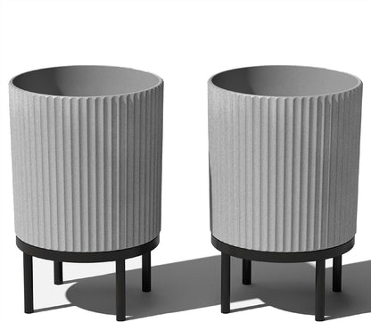 Veradek Demi Series Round Planter w/ Stand for Porch/Patio | Durable Plastic-Concrete & Wooden Stand | Modern Décor for Tall Plants, Flowers