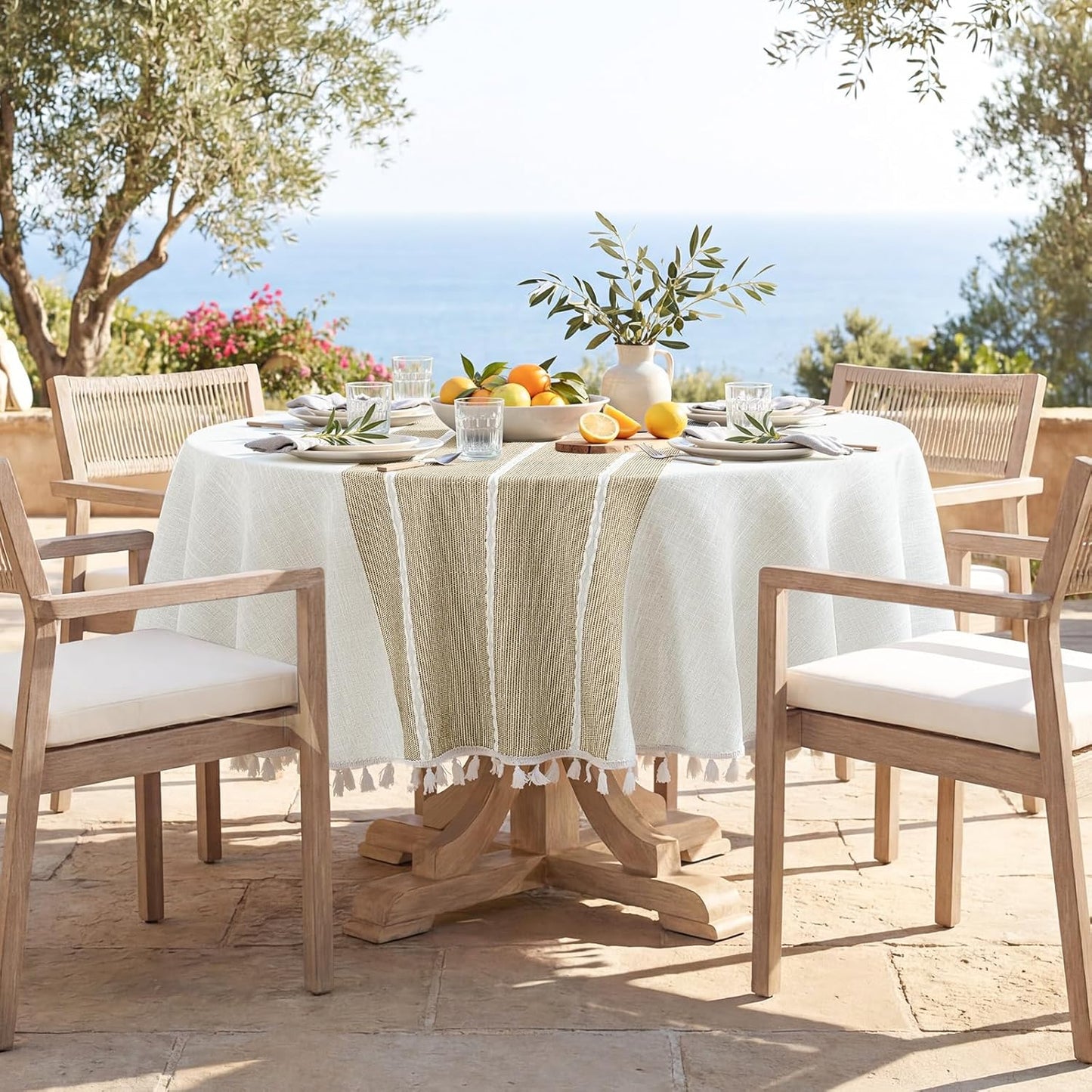 Softalker Outdoor Tablecloth Rectangle, Waterproof Linen Cotton Farmhouse Table Cloths with Tassel, Heavy Weight Wrinkle Free Boho Table Cover for Picnic Camping Dining - 55 x 70 Inch, Coffee Lines