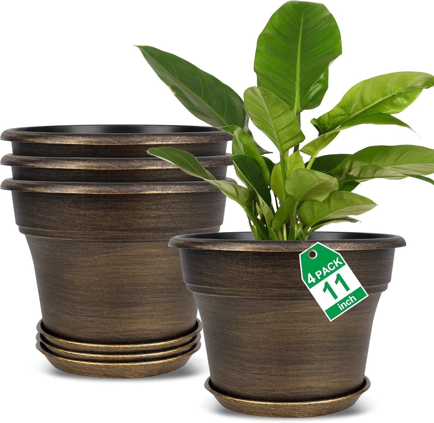 Fodetyff 10 Inch Planters Plant Pots Indoor Outdoor, 4 Pack Plastic Flower Pot for Indoor Plants with Drainage Holes & Trays, Resin Decorative Container Sets with Saucer for House Garden Copper