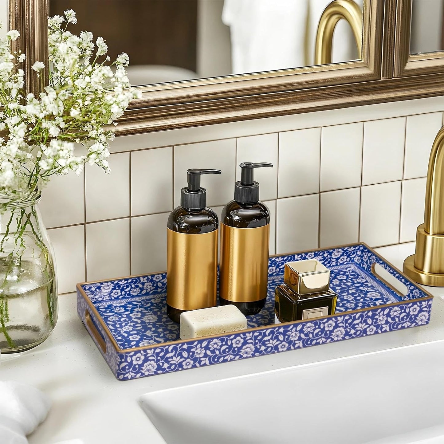 MAONAME White Decorative Tray, Plastic Serving Tray with Handles, Rectangular Moroccan Trays, Long Narrow Trays for Bathroom, Kitchen Counter, 13.8" X 6" X 1.57"