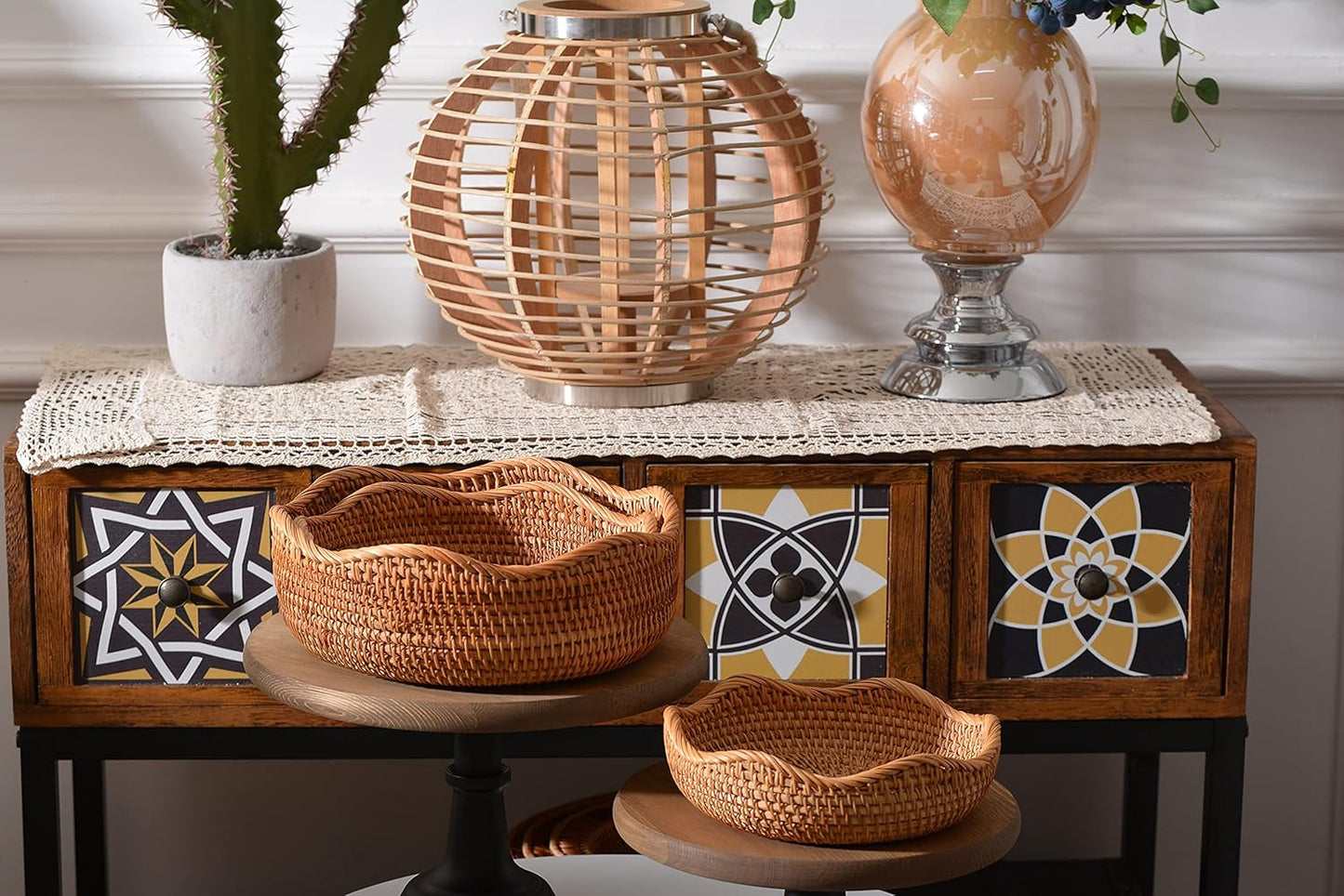 Round Rattan Fruit Baskets Woven Storage Bowls Key Holder Stackable for Shelf Kitchen Tabletop Natural Set of 3