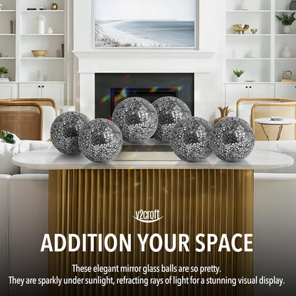 4in Decorative Mosaic Sphere Orbs Set of 3, Glass Balls for Whole Housewares,Wedding/Birthday,Bowls,Vases Dining Table Centerpieces(Silver,Black,Blue)