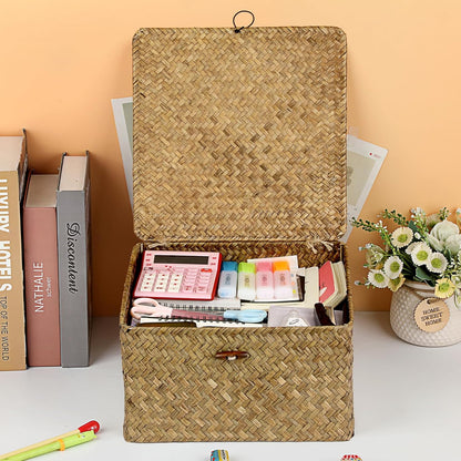 Hipiwe Seagrass Basket with Lid Wicker Storage Basket Square Handwoven Decorative Baskets Box for Shelf Multipurpose Household Baskets Home Decor,X-small