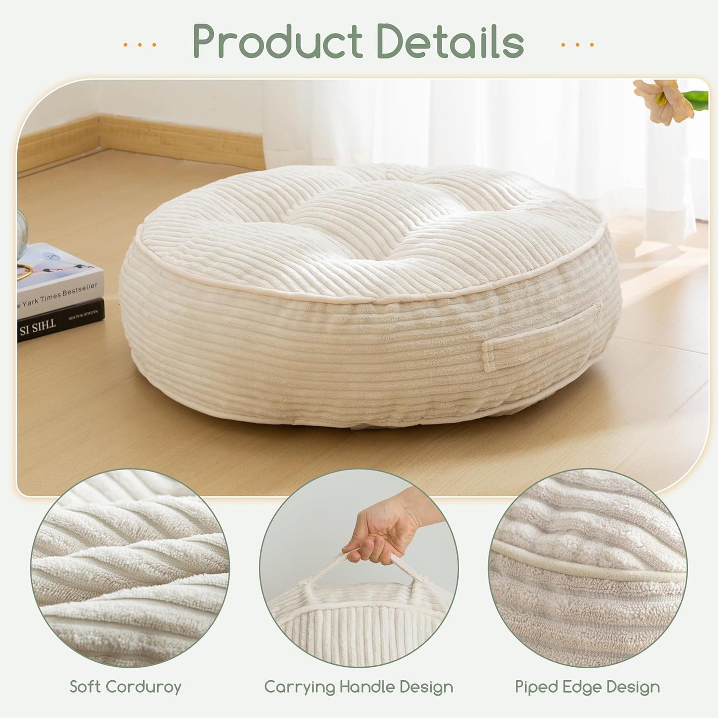 HIGOGOGO 6" Extra Thick Floor Pillow Cushion for Adults, Meditation Cushion Pillow, Large Square Floor Sitting, Tufted Corduroy Cover, for Tatami Living Room or Yoga, 22x22 Inch, 2Pack, Dark Grey