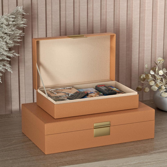 Decorative Storage Boxes Set of 2 - Multi-Purpose Beautiful PU Leather Organizer Bins for Your Home Decor - Decorative Containers with Lids Store Photos, Documents, Memory Box Keepsakes (Green)