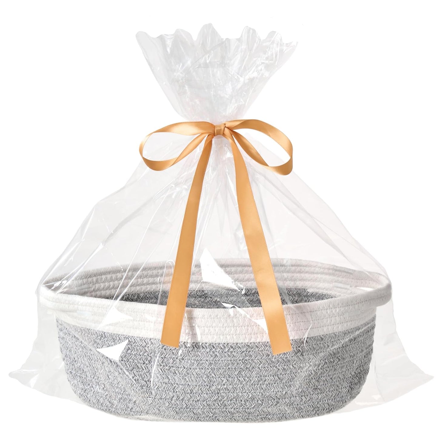 Small Woven Gift Basket Empty with Bag & Ribbon - Gifts for Mom, Baby Shower, Birthdays & Raffle - Cotton Rope Storage Basket for Dog Toys or Shelf - 12"x8"x5", White