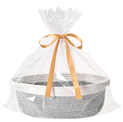 Small Woven Gift Basket Empty with Bag & Ribbon - Gifts for Mom, Baby Shower, Birthdays & Raffle - Cotton Rope Storage Basket for Dog Toys or Shelf - 12"x8"x5", White