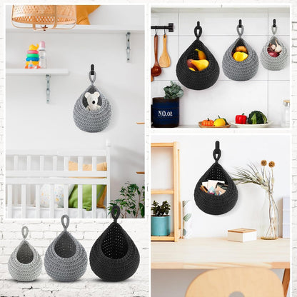 Honeydak Boho Decor Hanging Wall Baskets for Kitchen 3 Pack Teardrop Baskets with Hooks Storage Fruit Onion Vegetable Potato for Home 3 Sizes(Linen,Teardrop,Jute)