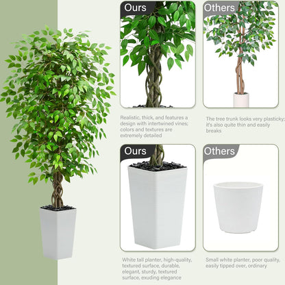 Artificial Ficus Tree 6FT Faux Plants Indoor Tall Fake Plants with White Planter, Green Lifelike Lush Fake Ficus Tree for Home Living Room Bedroom Outdoor Balcony House Office Decor